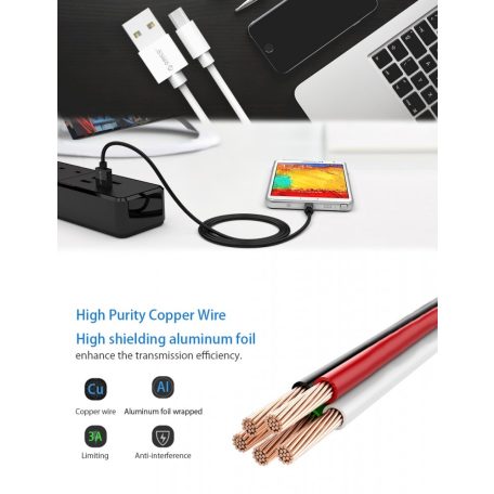 Adat- és Tápkábel, MicroUSB/USB csatlakozó, 1 méter, 2.1A gyorstöltés, textil bevonat, fekete