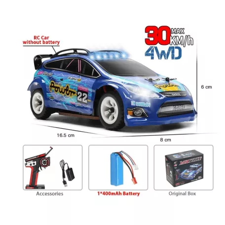 XKS Távirányítós Rally autó, 2,4 GHz-es rádióvezérlésű, 1:28 arány, 4WD, 30km+/h, LED világítással, 14 év feletti gyermekek számára, Kék/Fehér/Piros