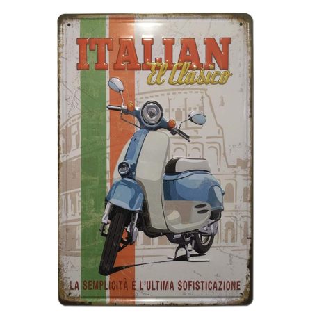 Vintage Dekor Fémtábla, dombornyomott 'Italian El Clásico' felirat és motorkerékpár, retro hangulatú kialakítás, 20x30cm