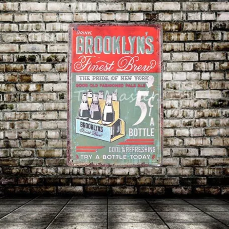 Vintage Dekor Fémtábla, dombornyomott 'Brooklyn's Finest Brew' felirat, retro hangulatú kialakítás, 20x30cm
