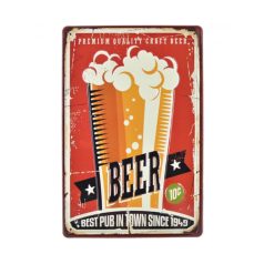   Vintage Dekor Fémtábla, dombornyomott 'BEER' felirat, retro hangulatú kialakítás, 20x30cm, vörös háttér