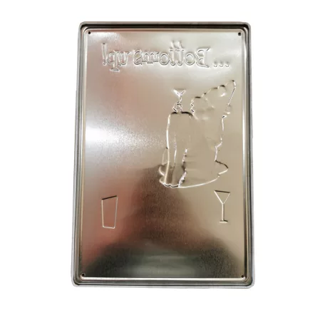 Vintage Dekor Fémtábla, dombornyomott 'Bottoms up ! Cocktail party' felirat, retro hangulatú kialakítás, 20x30cm