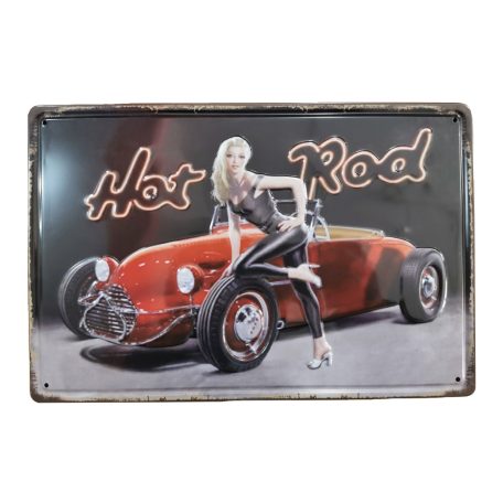 Vintage Dekor Fémtábla, dombornyomott, 'Hot Rod' felirat, retro hangulatú kialakítás, 30x20cm