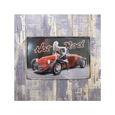 Vintage Dekor Fémtábla, dombornyomott, 'Hot Rod' felirat, retro hangulatú kialakítás, 30x20cm