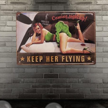 Vintage Dekor Fémtábla, dombornyomott, 'Keep her Flying' felirat, retro hangulatú kialakítás, 30x20cm