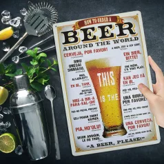   Vintage Dekor Fémtábla, dombornyomott 'BEER' felirat, retro hangulatú kialakítás, egy korsó sör rendelése 21 nyelven, 20x30cm