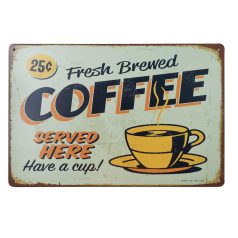   Vintage Dekor Fémtábla, dombornyomott 'COFFEE' felirat, retro hangulatú kialakítás, 30x20cm, kékes-zöld háttér