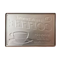  Vintage Dekor Fémtábla, dombornyomott 'COFFEE' felirat, retro hangulatú kialakítás, 30x20cm, kékes-zöld háttér