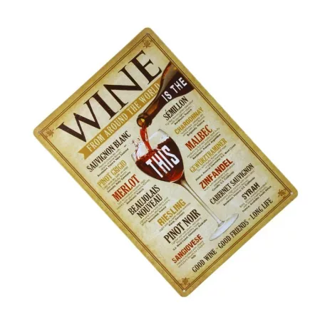 Vintage Dekor Fémtábla, dombornyomott, 'WINE' felirat, retro hangulatú kialakítás, 20x30cm