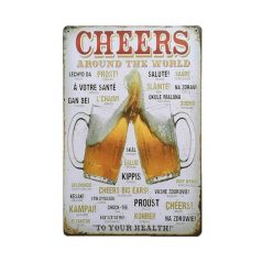   Vintage Dekor Fémtábla, dombornyomott 'CHEERS' felirat, retro hangulatú kialakítás, 'Egészségedre!' 29 nyelven, 20x30cm