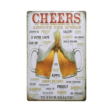 Vintage Dekor Fémtábla, dombornyomott 'CHEERS' felirat, retro hangulatú kialakítás, 'Egészségedre!' 29 nyelven, 20x30cm