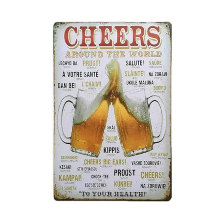 Vintage Dekor Fémtábla, dombornyomott 'CHEERS' felirat, retro hangulatú kialakítás, 'Egészségedre!' 29 nyelven, 20x30cm