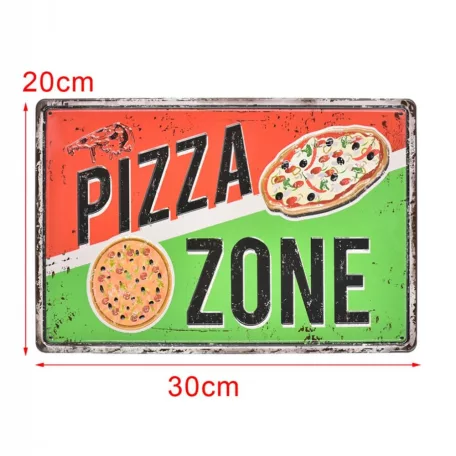 Vintage Dekor Fémtábla, dombornyomott, 'PIZZA ZONE' felirat, retro hangulatú kialakítás, 30x20cm