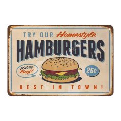   Vintage Dekor Fémtábla, dombornyomott, 'HAMBURGERS' felirat, retro hangulatú kialakítás, 30x20cm