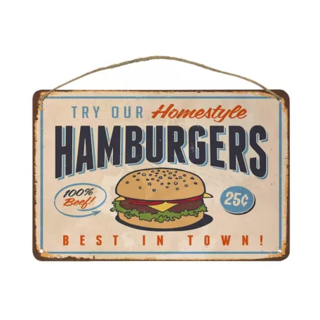 Vintage Dekor Fémtábla, dombornyomott, 'HAMBURGERS' felirat, retro hangulatú kialakítás, 30x20cm