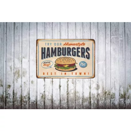 Vintage Dekor Fémtábla, dombornyomott, 'HAMBURGERS' felirat, retro hangulatú kialakítás, 30x20cm