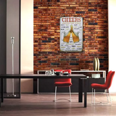 Vintage Dekor Fémtábla, dombornyomott 'CHEERS' felirat, retro hangulatú kialakítás, 'Egészségedre!' 29 nyelven, 20x30cm