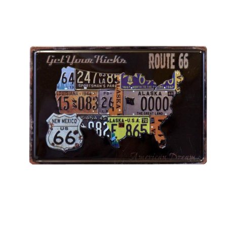 Vintage Dekor Fémtábla, dombornyomott USA térkép, 'Route 66' felirat, retro hangulatú kialakítás, 30x20cm