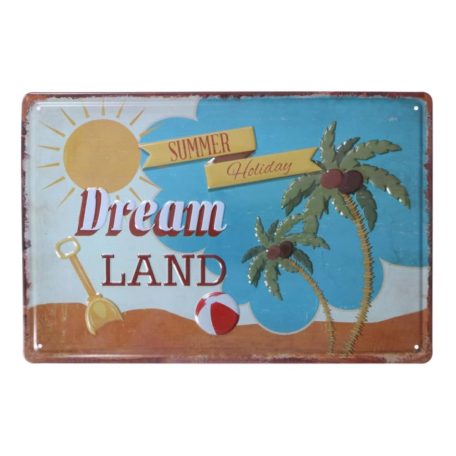 Vintage Dekor Fémtábla, dombornyomott 'DREAM LAND' felirat, retro hangulatú kialakítás, 30x20cm