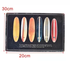   Vintage Dekor Fémtábla, dombornyomott szörf deszkák, retro hangulatú kialakítás, 30x20cm