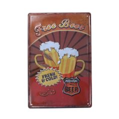   Vintage Dekor Fémtábla, dombornyomott 'Free BEER' felirat, retro hangulatú kialakítás, 20x30cm