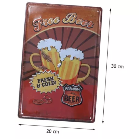 Vintage Dekor Fémtábla, dombornyomott 'Free BEER' felirat, retro hangulatú kialakítás, 20x30cm