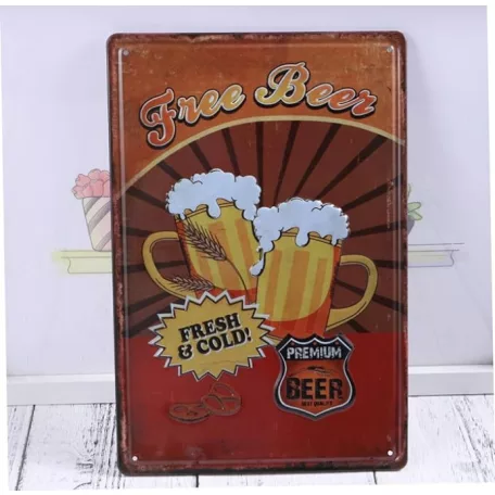 Vintage Dekor Fémtábla, dombornyomott 'Free BEER' felirat, retro hangulatú kialakítás, 20x30cm