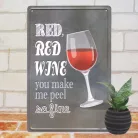 Vintage Dekor Fémtábla, dombornyomott 'RED, RED WINE' felirat, retro hangulatú kialakítás, 20x30cm