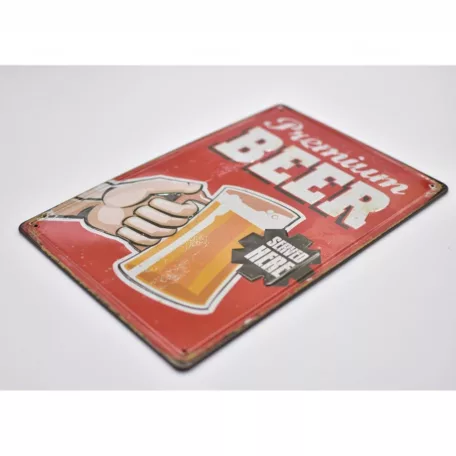 Vintage Dekor Fémtábla, dombornyomott, 'Premium BEER' felirat, retro hangulatú kialakítás, 20x30cm