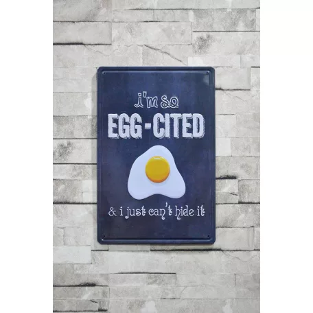 Vintage Dekor Fémtábla, dombornyomott, 'i'm so egg-cited' felirat, retro hangulatú kialakítás, 20x30cm