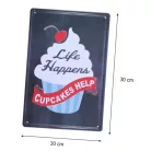 Vintage Dekor Fémtábla, dombornyomott 'Cupcakes Happen' felirat, retro hangulatú kialakítás, 20x30cm