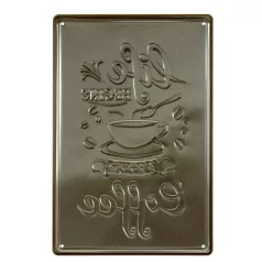   Vintage Dekor Fémtábla, dombornyomott 'life begins after Coffee' felirat, retro hangulatú kialakítás, 20x30cm, vöröses háttér