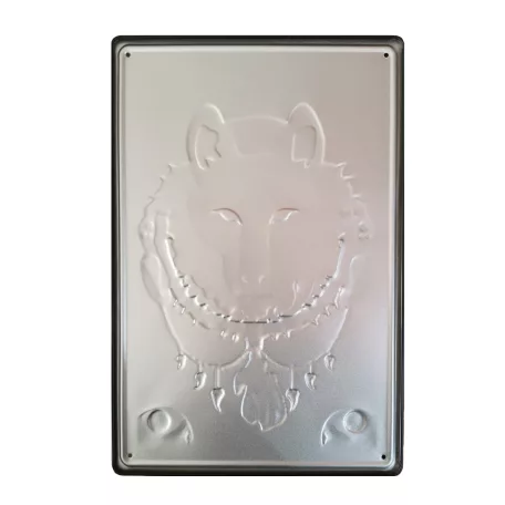 Vintage Dekor Fémtábla, dombornyomott farkas, retro hangulatú kialakítás, 20x30cm, fekete háttér