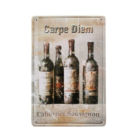 Vintage Dekor Fémtábla, dombornyomott, 'Carpe Diem Cabernet Savignon' felirat, retro hangulatú kialakítás, 20x30cm