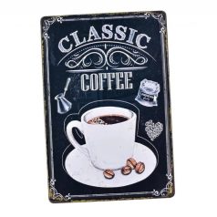   Vintage Dekor Fémtábla, dombornyomott 'CLASSIC COFFEE' felirat, retro hangulatú kialakítás, 20x30cm, vintage fekete háttér