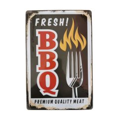   Vintage Dekor Fémtábla, dombornyomott, 'FRESH! BBQ' felirat, retro hangulatú kialakítás, 20x30cm