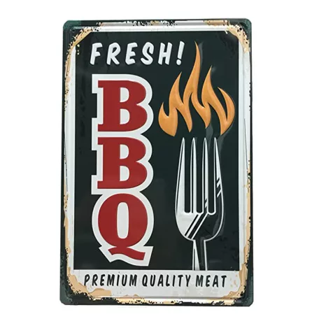 Vintage Dekor Fémtábla, dombornyomott, 'FRESH! BBQ' felirat, retro hangulatú kialakítás, 20x30cm