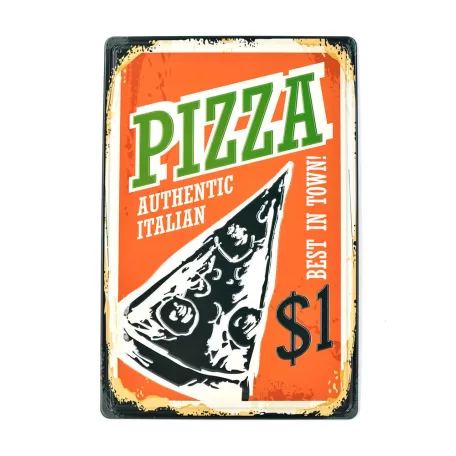 Vintage Dekor Fémtábla, dombornyomott, 'PIZZA Best in Town' felirat, retro hangulatú kialakítás, 20x30cm