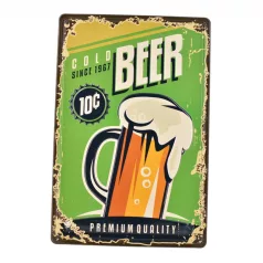   Vintage Dekor Fémtábla, dombornyomott, 'Cold BEER since 1967' felirat, retro hangulatú kialakítás, 20x30cm, vintage világoszöld háttér