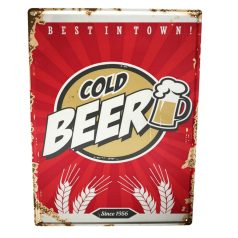   Vintage Dekor Fémtábla, dombornyomott, 'Cold BEER since 1956' felirat, retro hangulatú kialakítás, 20x30cm, vintage vöröses háttér