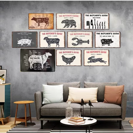 Vintage Dekor Fémtábla, dombornyomott, bárány felépítését ábrázoló retro hangulatú kialakítás, 30x20cm, vintage fekete háttér