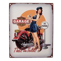   Vintage Dekor Fémtábla, dombornyomott, 'Motor Cycle Garage No Parking' felirat, retro hangulatú kialakítás, 20x30cm