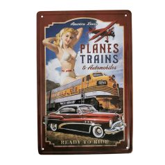   Vintage Dekor Fémtábla, dombornyomott 'Planes, Trains & Automobiles' felirat, retro hangulatú kialakítás, 20x30cm