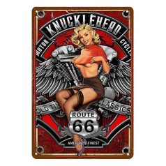   Vintage Dekor Fémtábla, dombornyomott 'Route 66 Knucklehead Motor Cycles' felirat, retro hangulatú kialakítás, 20x30cm