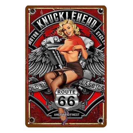 Vintage Dekor Fémtábla, dombornyomott 'Route 66 Knucklehead Motor Cycles' felirat, retro hangulatú kialakítás, 20x30cm