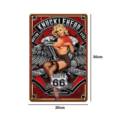   Vintage Dekor Fémtábla, dombornyomott 'Route 66 Knucklehead Motor Cycles' felirat, retro hangulatú kialakítás, 20x30cm