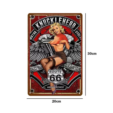 Vintage Dekor Fémtábla, dombornyomott 'Route 66 Knucklehead Motor Cycles' felirat, retro hangulatú kialakítás, 20x30cm