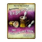 Vintage Dekor Fémtábla, dombornyomott, 'ANTISEPTIC Cup, Brush and Soap' felirat, retro hangulatú kialakítás, 20x30cm