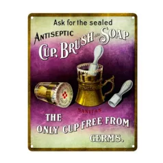   Vintage Dekor Fémtábla, dombornyomott, 'ANTISEPTIC Cup, Brush and Soap' felirat, retro hangulatú kialakítás, 20x30cm