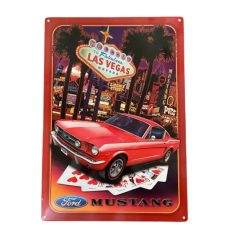   Vintage Dekor Fémtábla, dombornyomott 'Las Vegas Ford MUSTANG' felirat és egy piros Ford Mustang, retro hangulatú kialakítás, 20x30cm